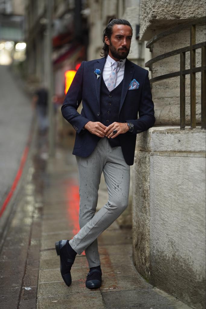 Blue Striped Grey Suit Pants With Navy Blazer V CUT OPEN BACK