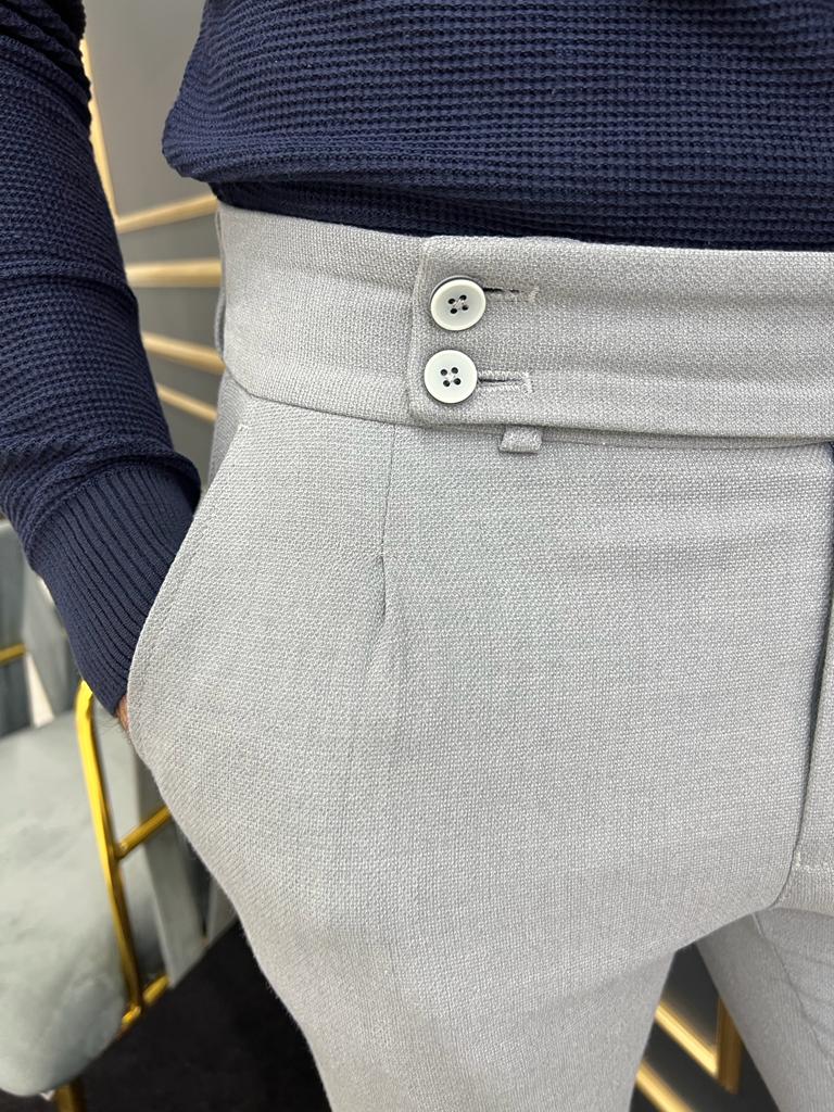 Thread Slim Fit Double Pleated Grey Trousers | VICLAN