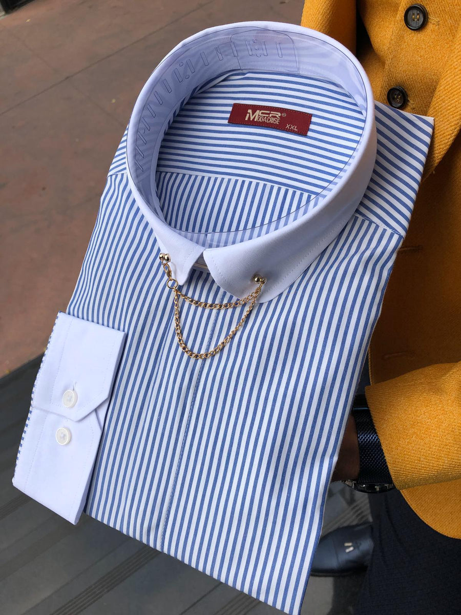 Slim-Fit Striped Chain Collar Shirt Blue | VICLAN