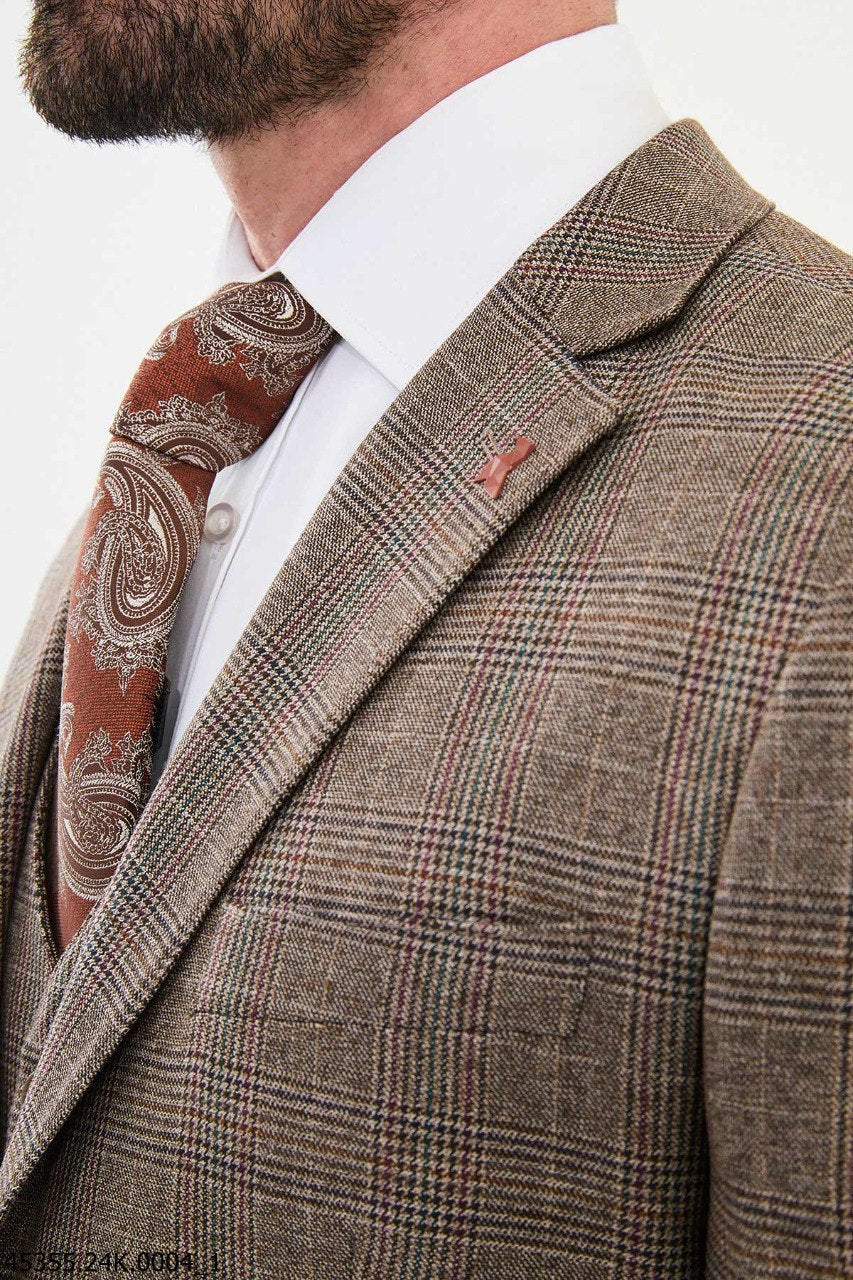 Bojoni Belmonte Camel Plaid Patterned Slim Fit Suit