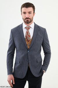 Bojoni Belmonte Navy Blue Plaid Patterned Slim Fit Suit