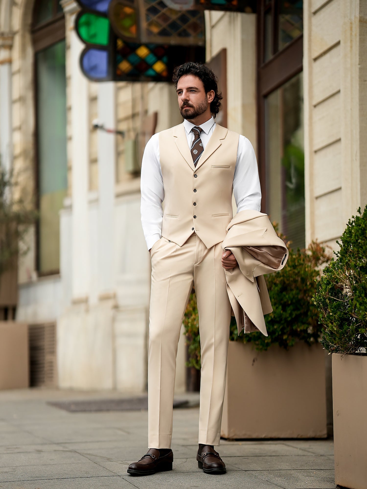 Beige Slim-Fit Suit 3-Piece