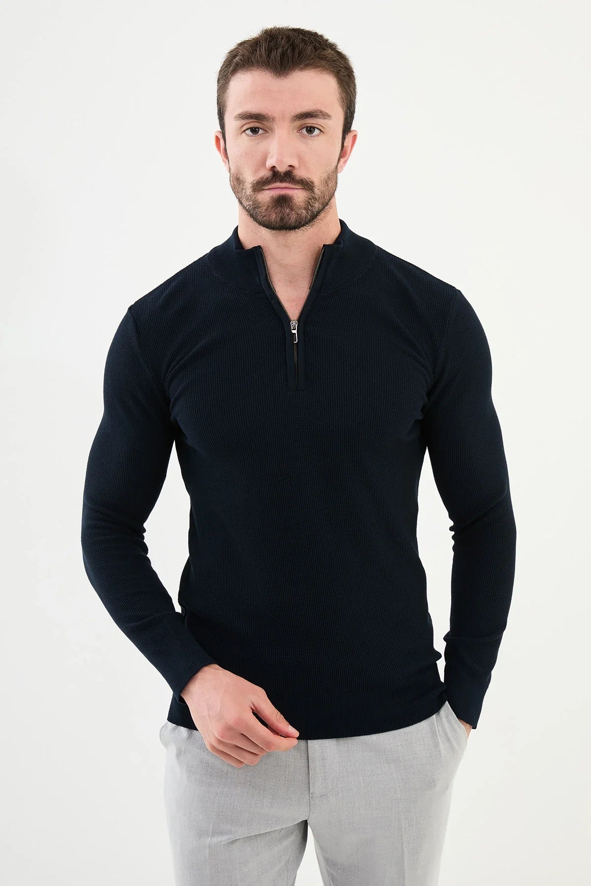 Bojoni Capena Textured Slim Fit Zippered Half Turtleneck Navy Blue Knitwear Sweater