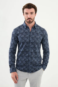 Bojoni Capena Patterned Slim Fit Indigo Shirt