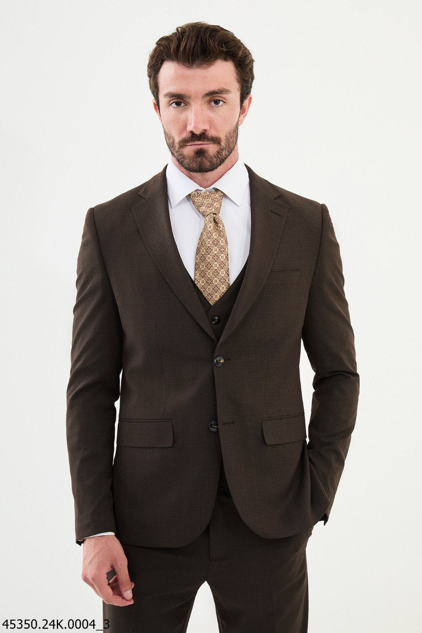 Bojoni Belmonte Brown Plaid Classic Slim Fit Suit