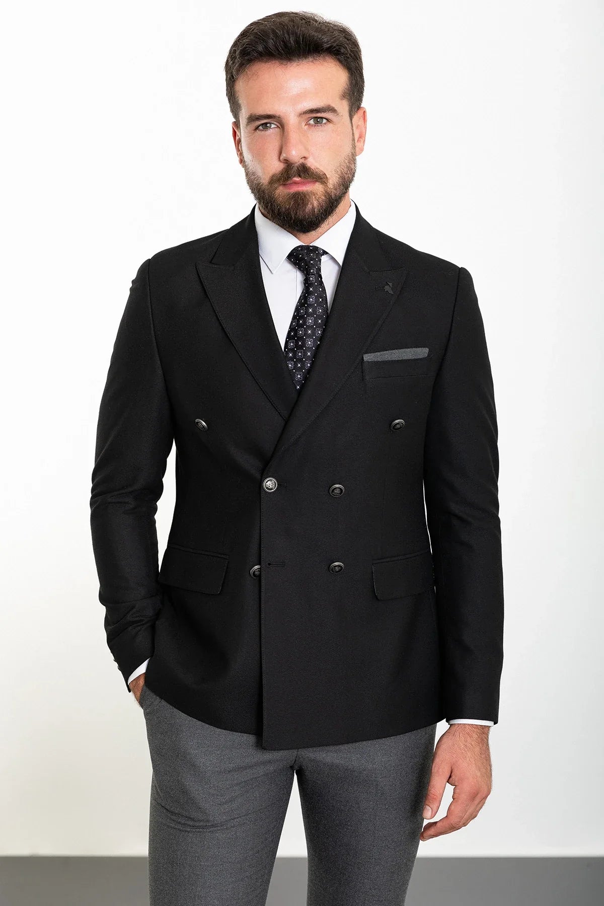 Bojoni Capena Black Double Breasted Slim Fit Suit