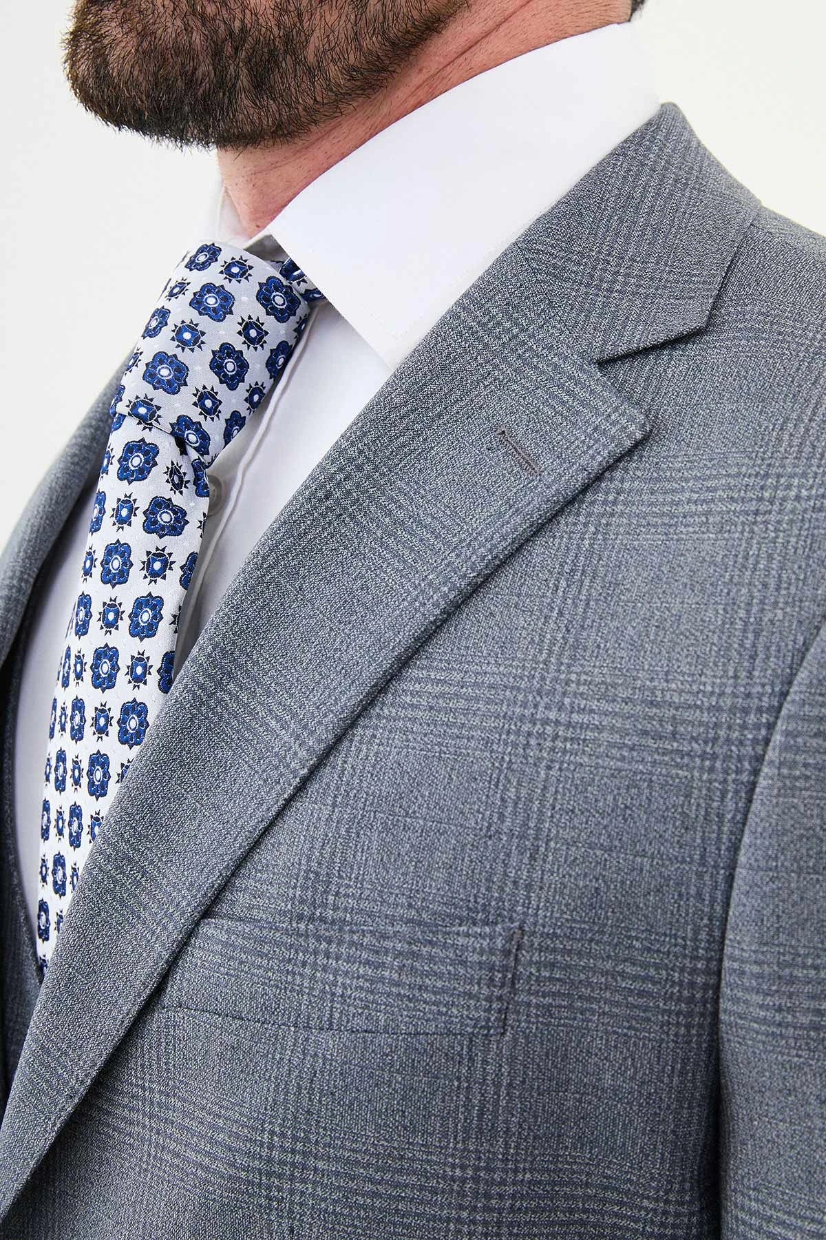 Bojoni Capena Gray Plaid Patterned  Slim Fit Suit