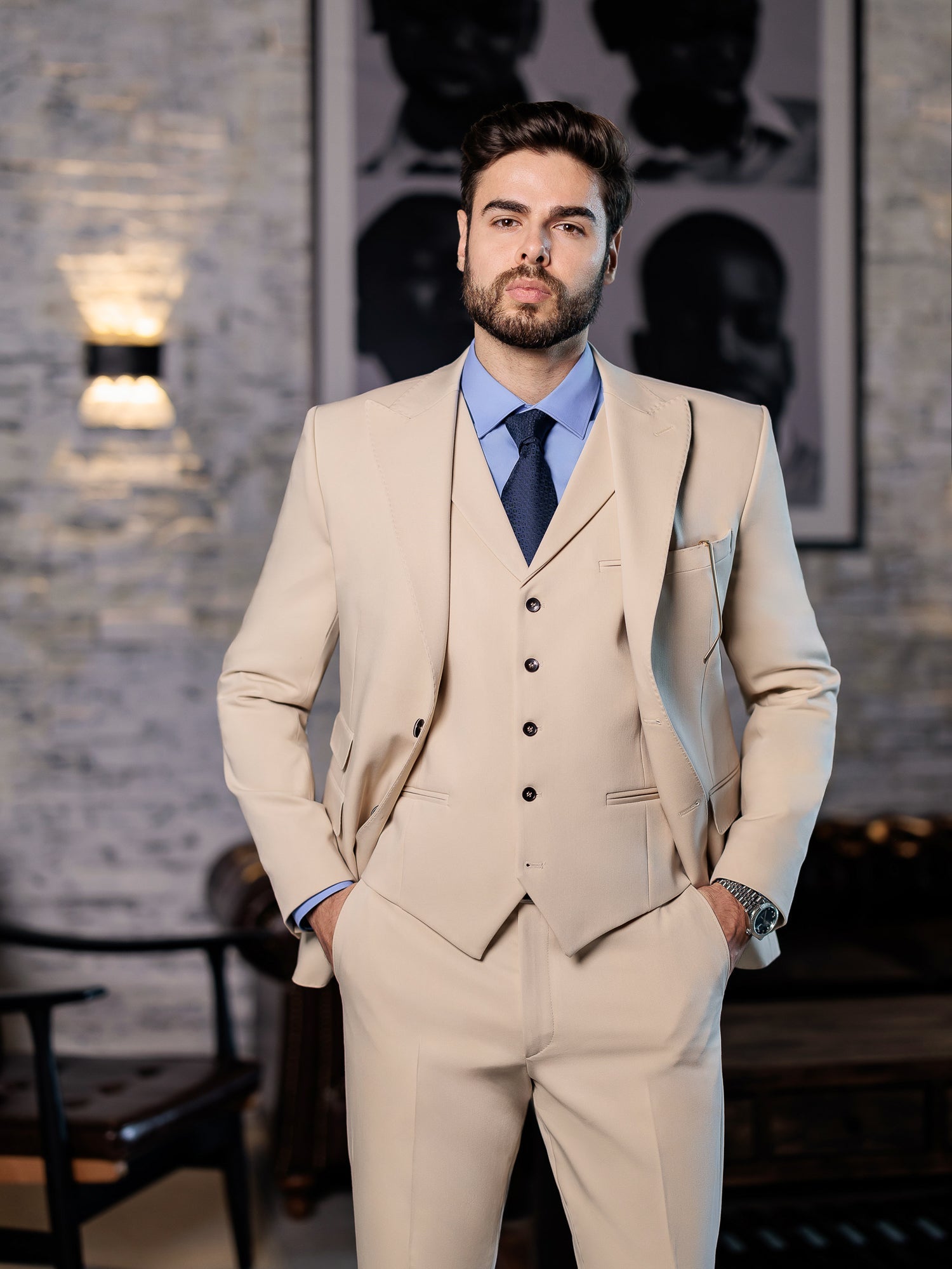 Beige Slim-Fit Suit 3-Piece