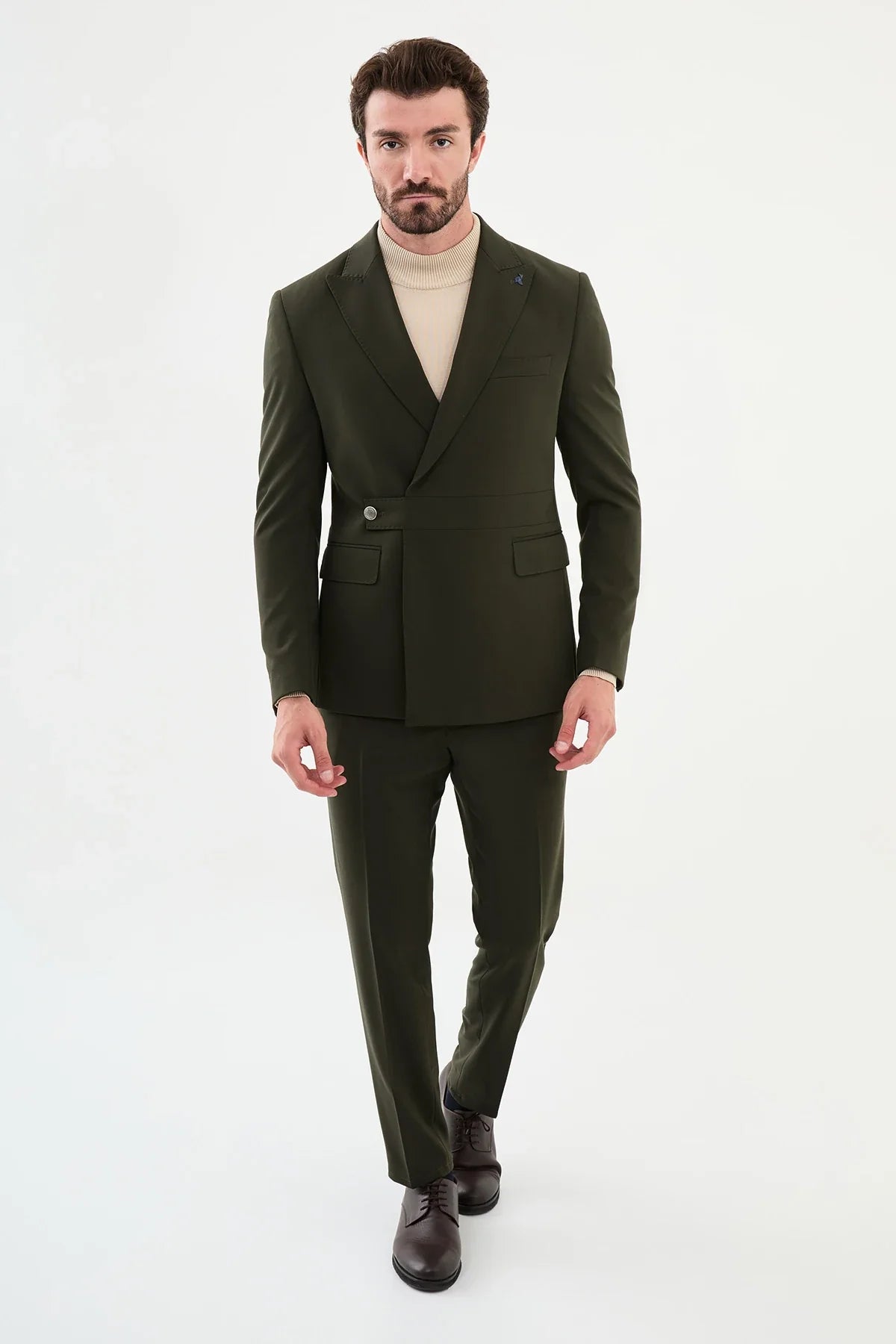 Bojoni Capena Slim Fit Khaki Single Lapel Button Detail Suit