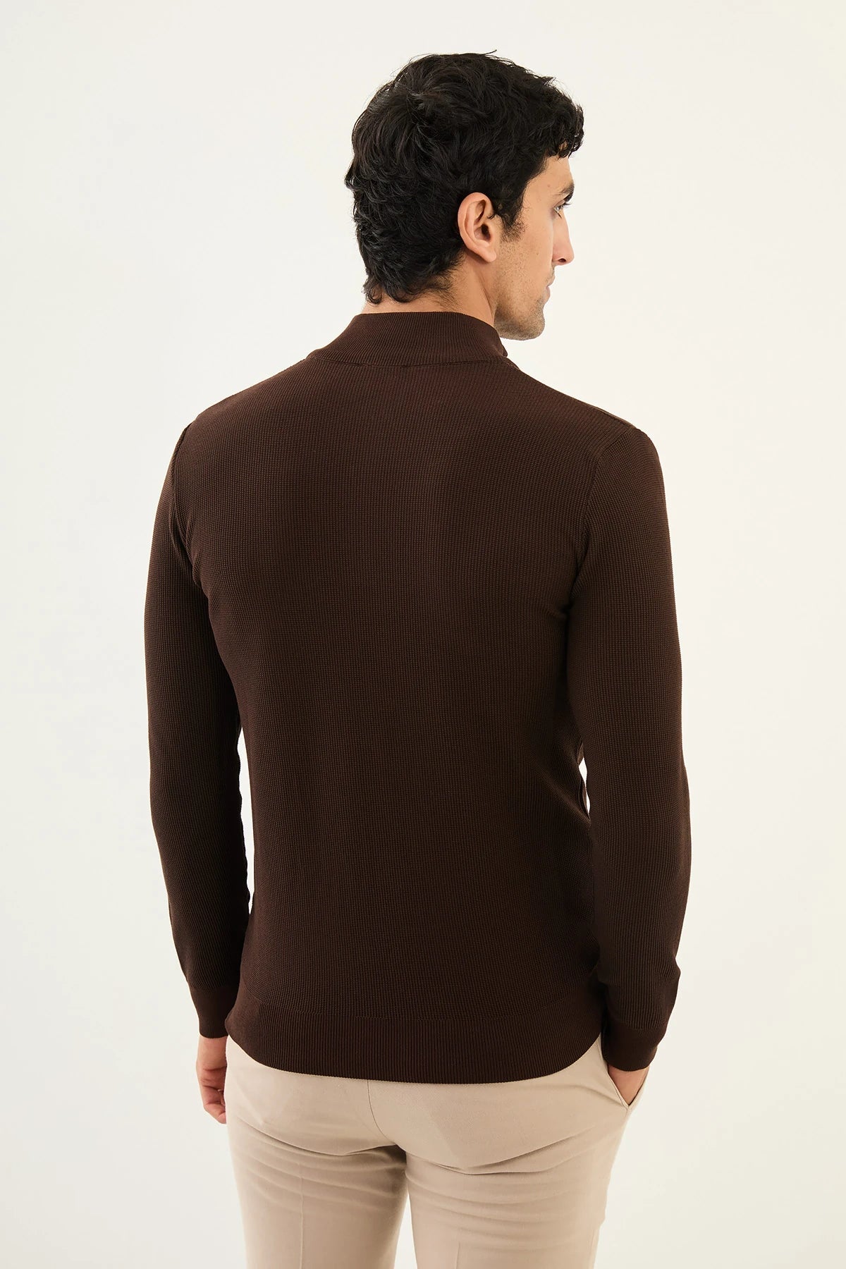 Bojoni Capena Textured Slim Fit Zippered Half Turtleneck Brown Knitwear Sweater