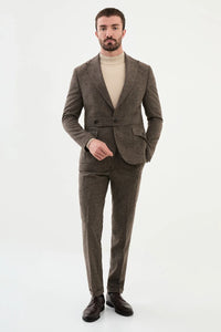 Bojoni Capena Riffled Slim Fit Belt Detailed Wide Collar Brown Wool  Suit