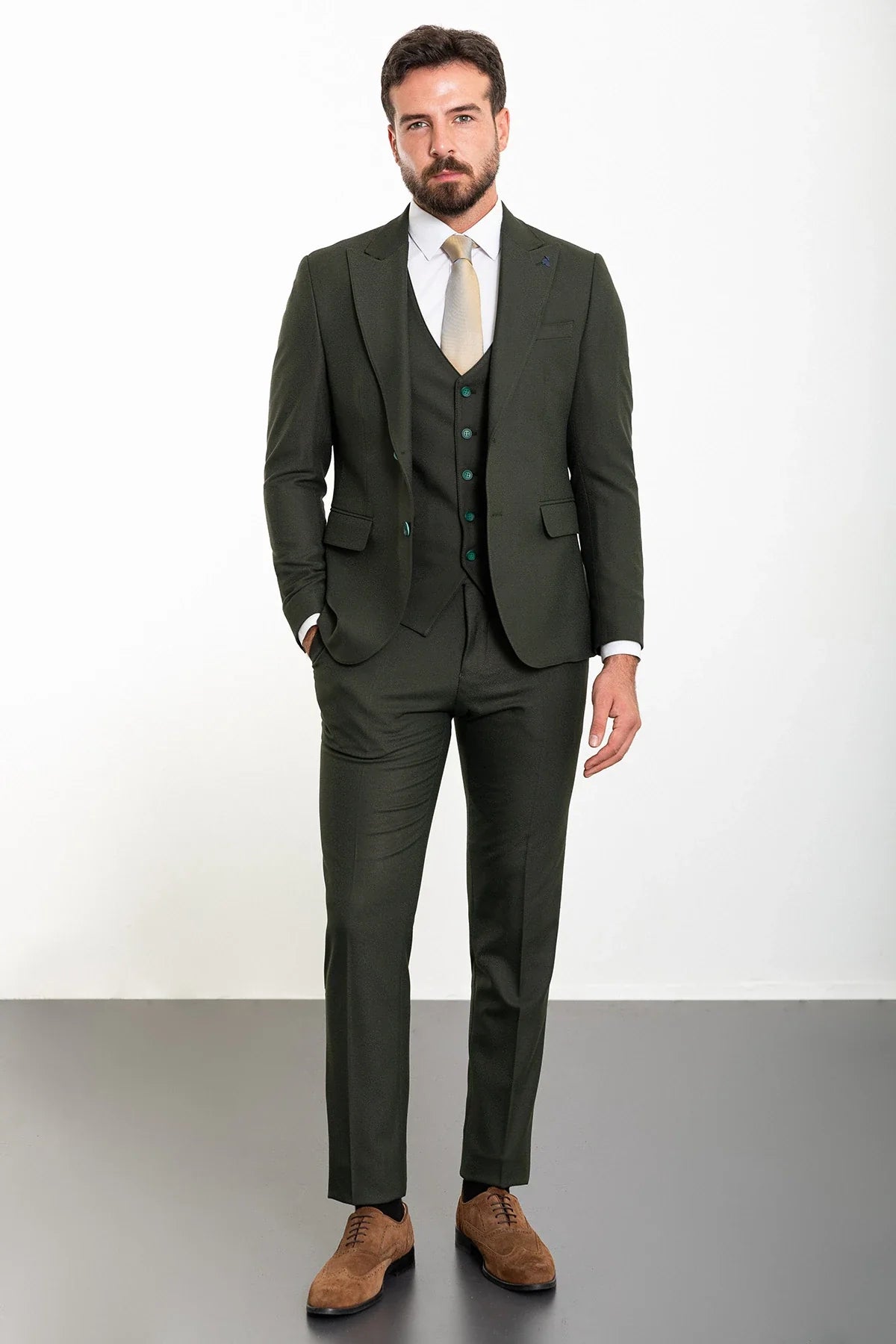 Bojoni Capena Plain Slim Fit  Khaki Wide Neck Wool Suit