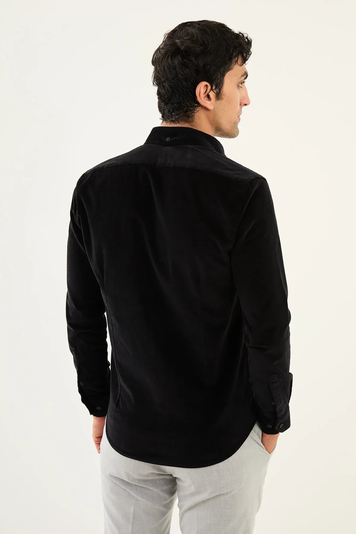 Bojoni Capena Hidden Button Slim Fit Black Velvet Shirt