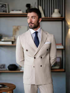 Beige Striped Double Breasted Suit 2-Piece