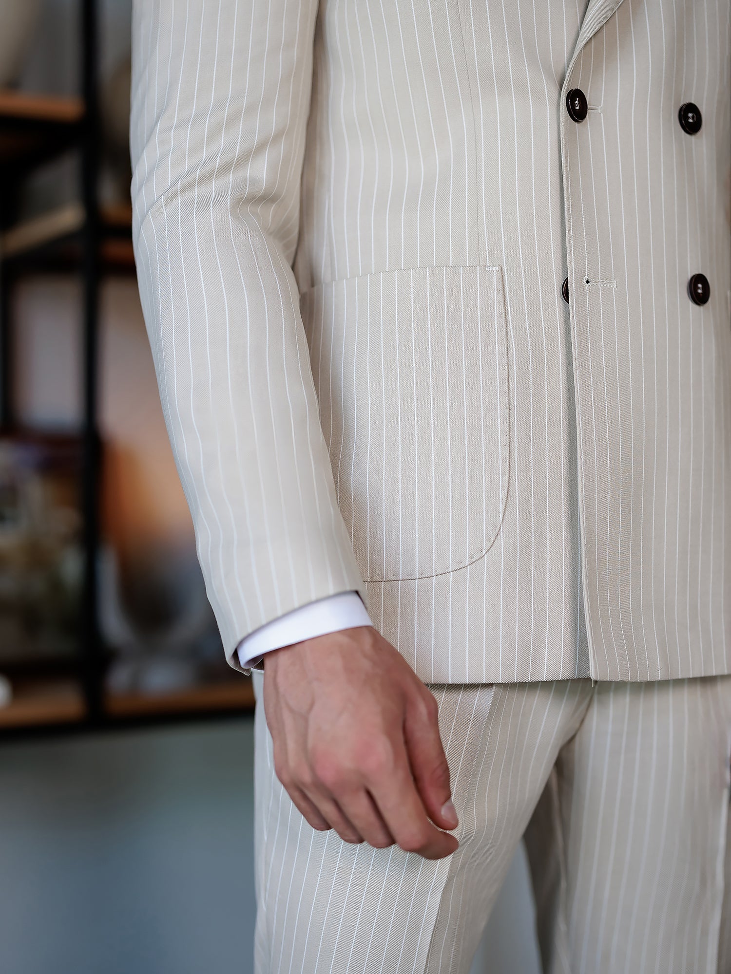 Beige Striped Double Breasted Suit 2-Piece