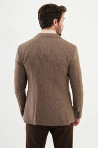 Bojoni Capena Patterned Slim Fit Mono Collar Classic Brown Wool Blazer