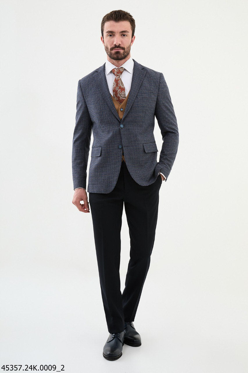 Bojoni Belmonte Navy Blue Plaid Patterned Slim Fit Suit