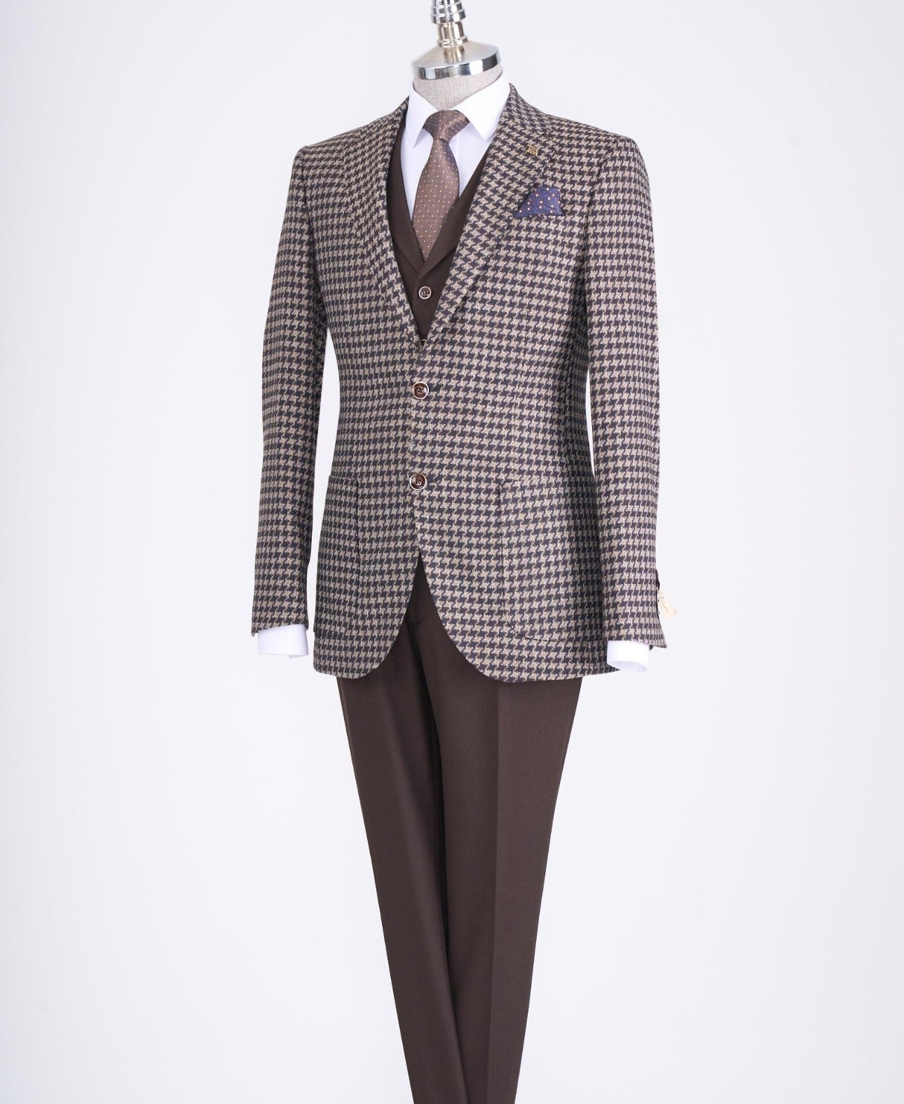 Bojoni Chicago Slim Fit Checked Brown Suit