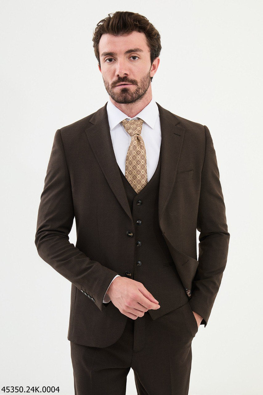 Bojoni Belmonte Brown Plaid Classic Slim Fit Suit