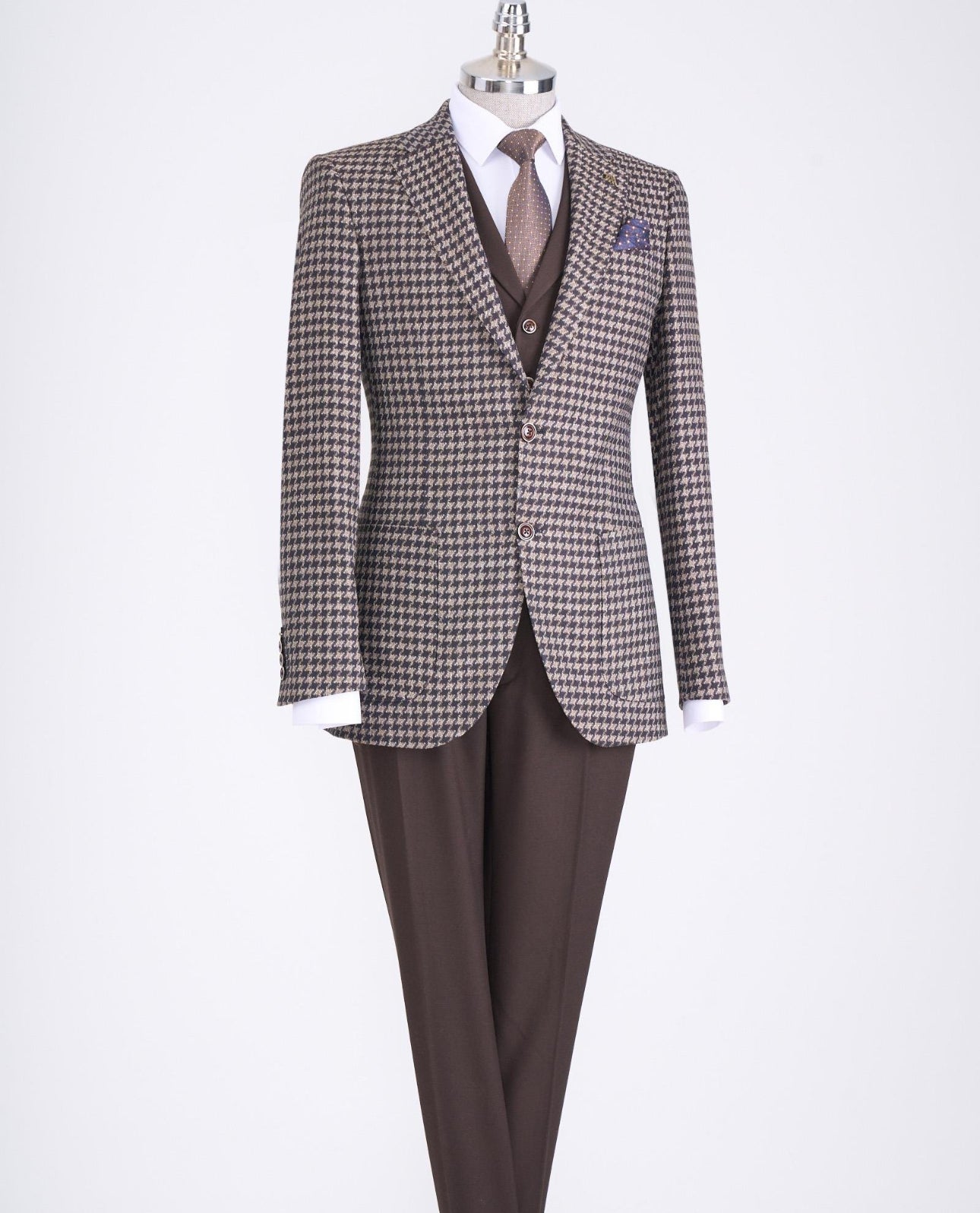 Bojoni Chicago Slim Fit Checked Brown Suit