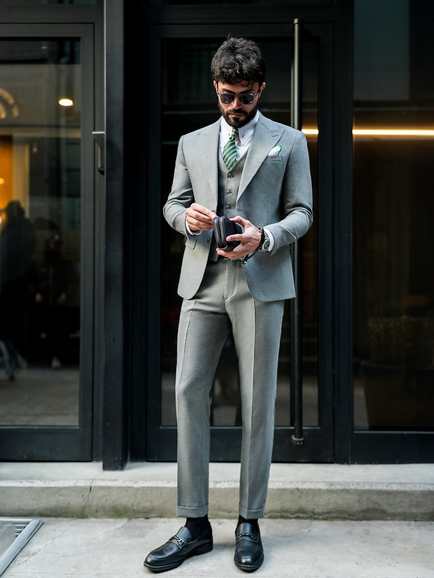 Grey Striped Slim-Fit Suit 3-Piece