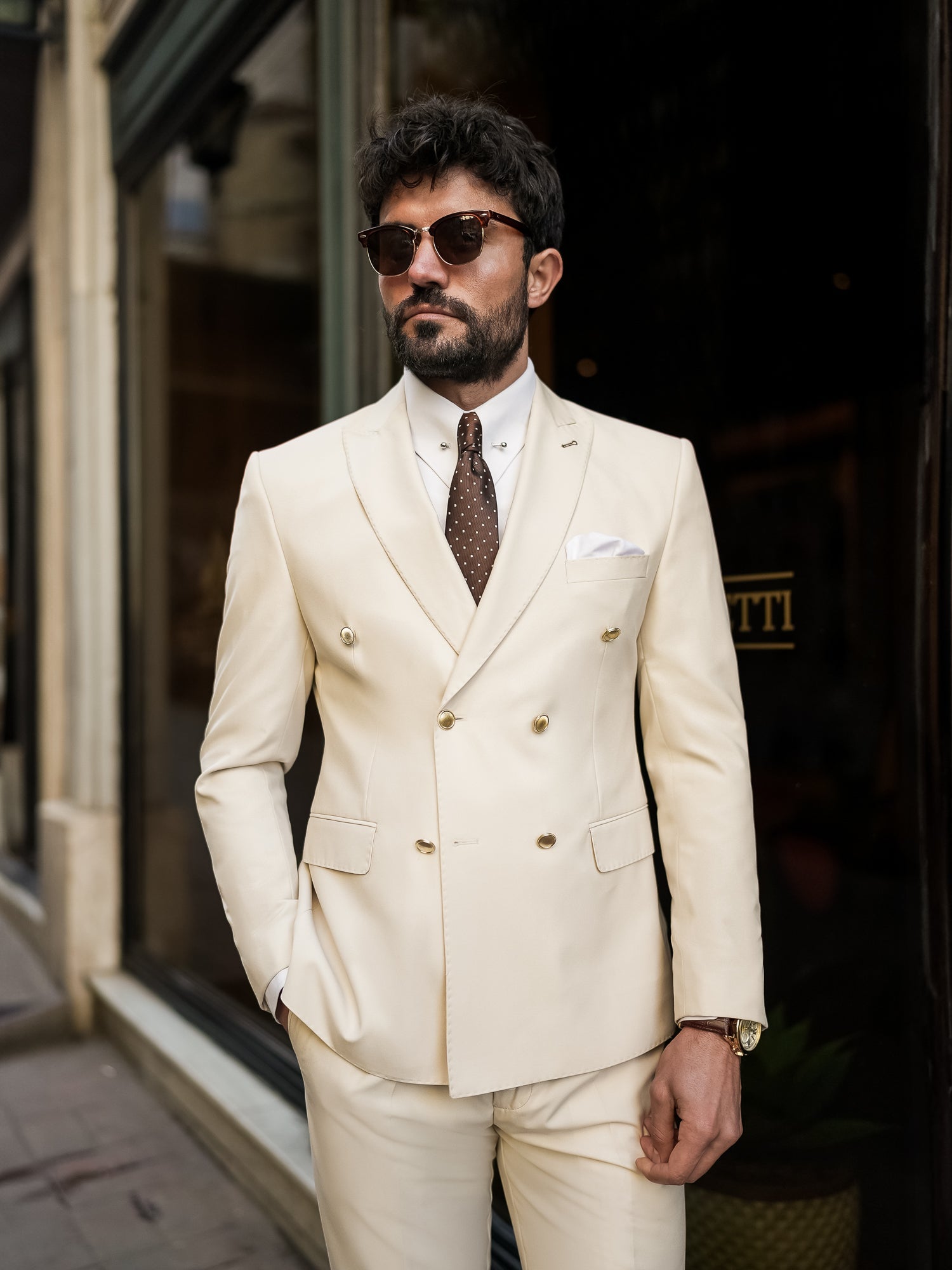 Beige Double Breasted Suit 2-Piece