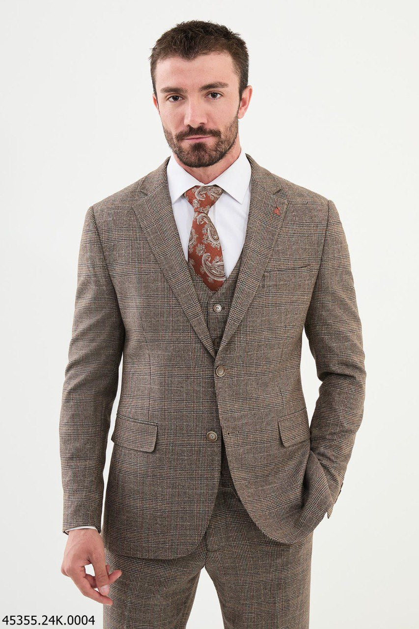 Bojoni Belmonte Camel Plaid Patterned Slim Fit Suit