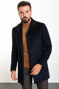 Bojoni Capena Patterned Slim Fit Collar Detailed Stamped  Navy Blue Coat