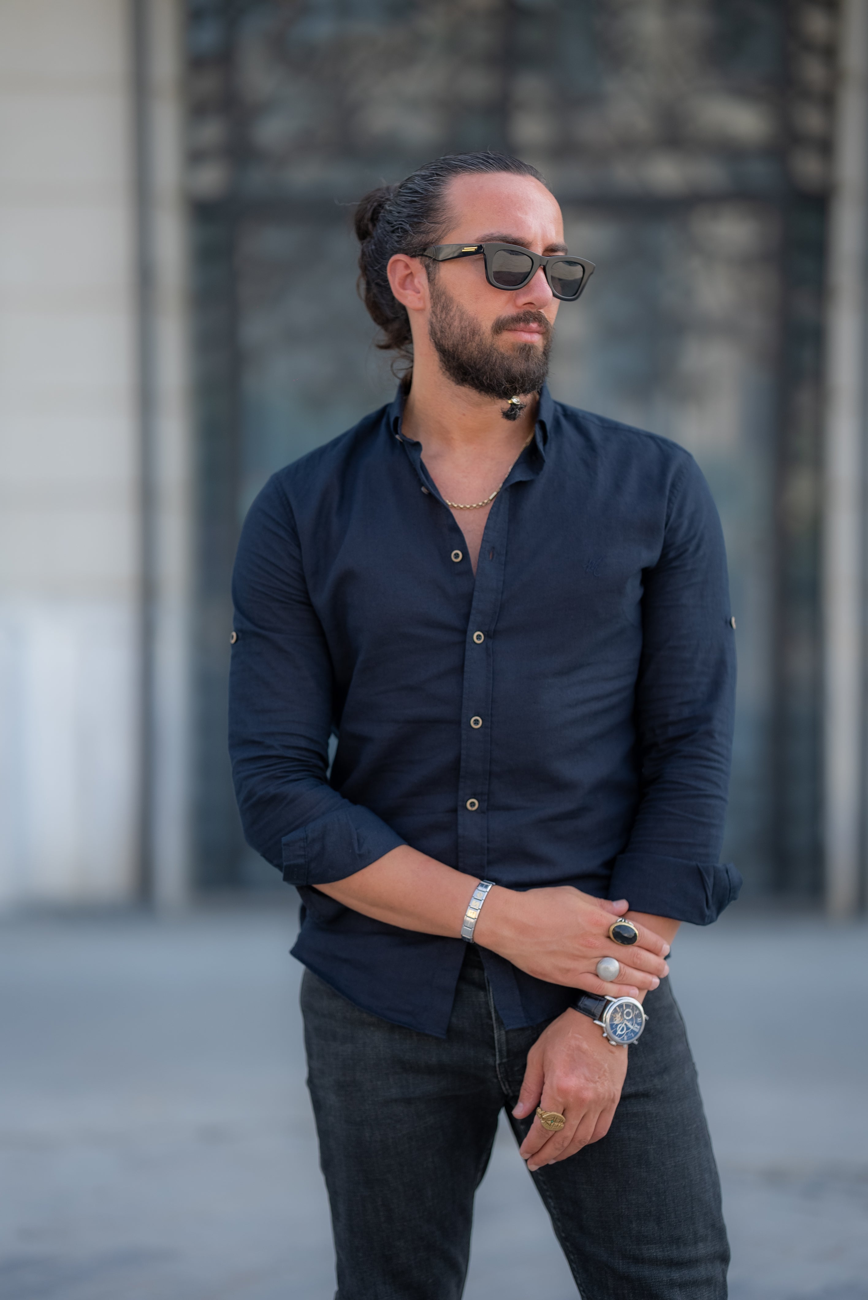 Bojoni Marelli Navy Blue Slim Fit Linen Shirt