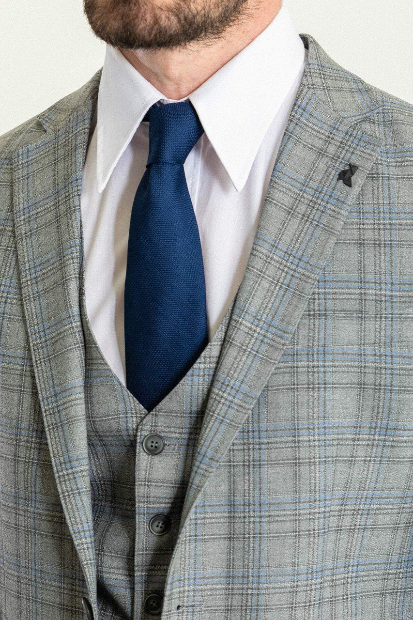 Bojoni Trivento Gray & Blue Plaid Patterned Classic Slim Fit Suit