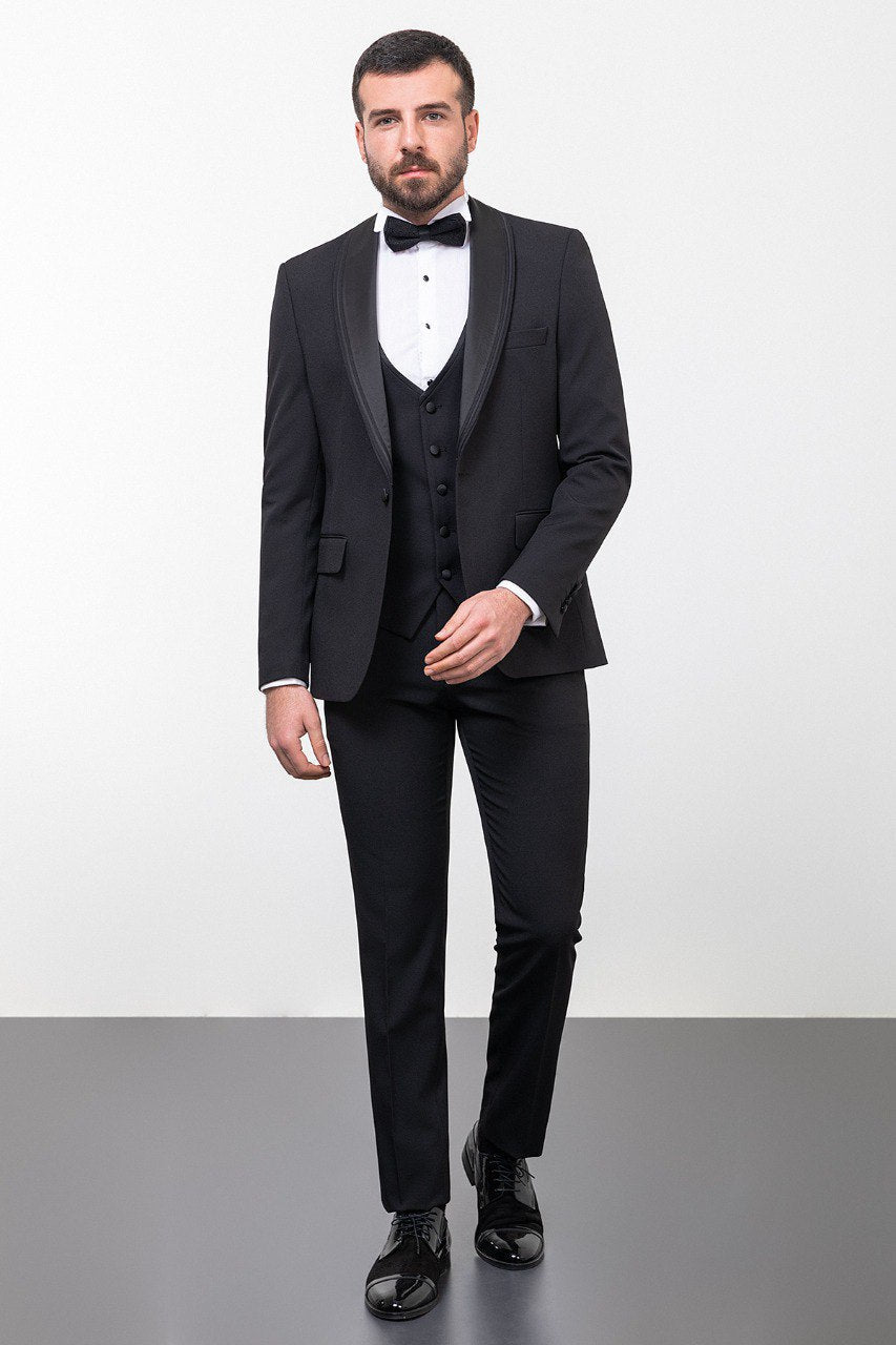 Bojoni Trivento Black Slim Fit Shawl Collar Suit Tuxedo