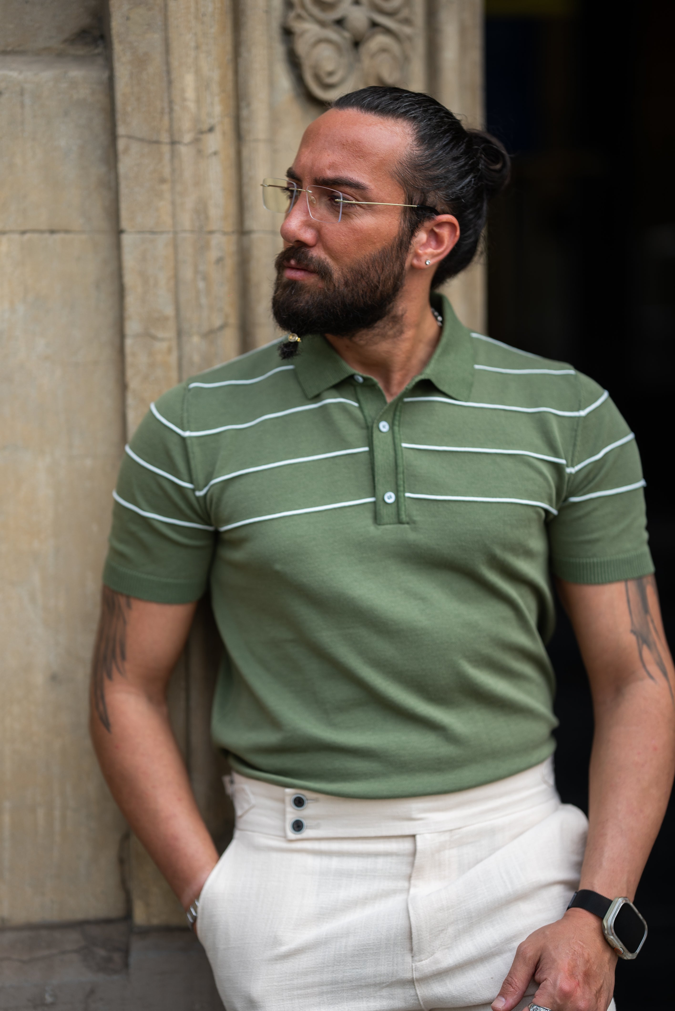 Bojoni Doral Slim Fit Striped Green Polo Shirt