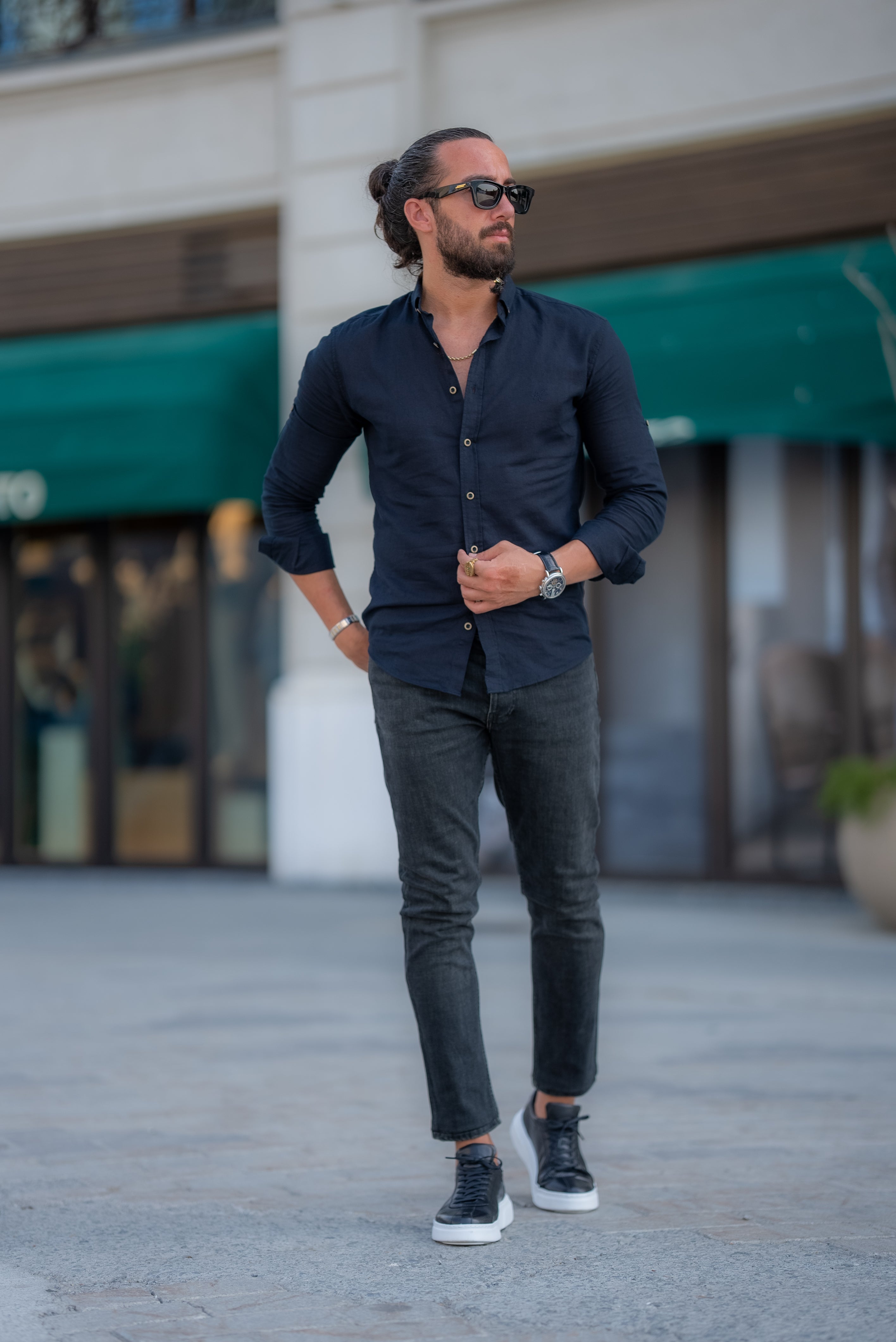 Bojoni Marelli Navy Blue Slim Fit Linen Shirt