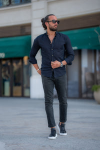 Bojoni Marelli Navy Blue Slim Fit Linen Shirt