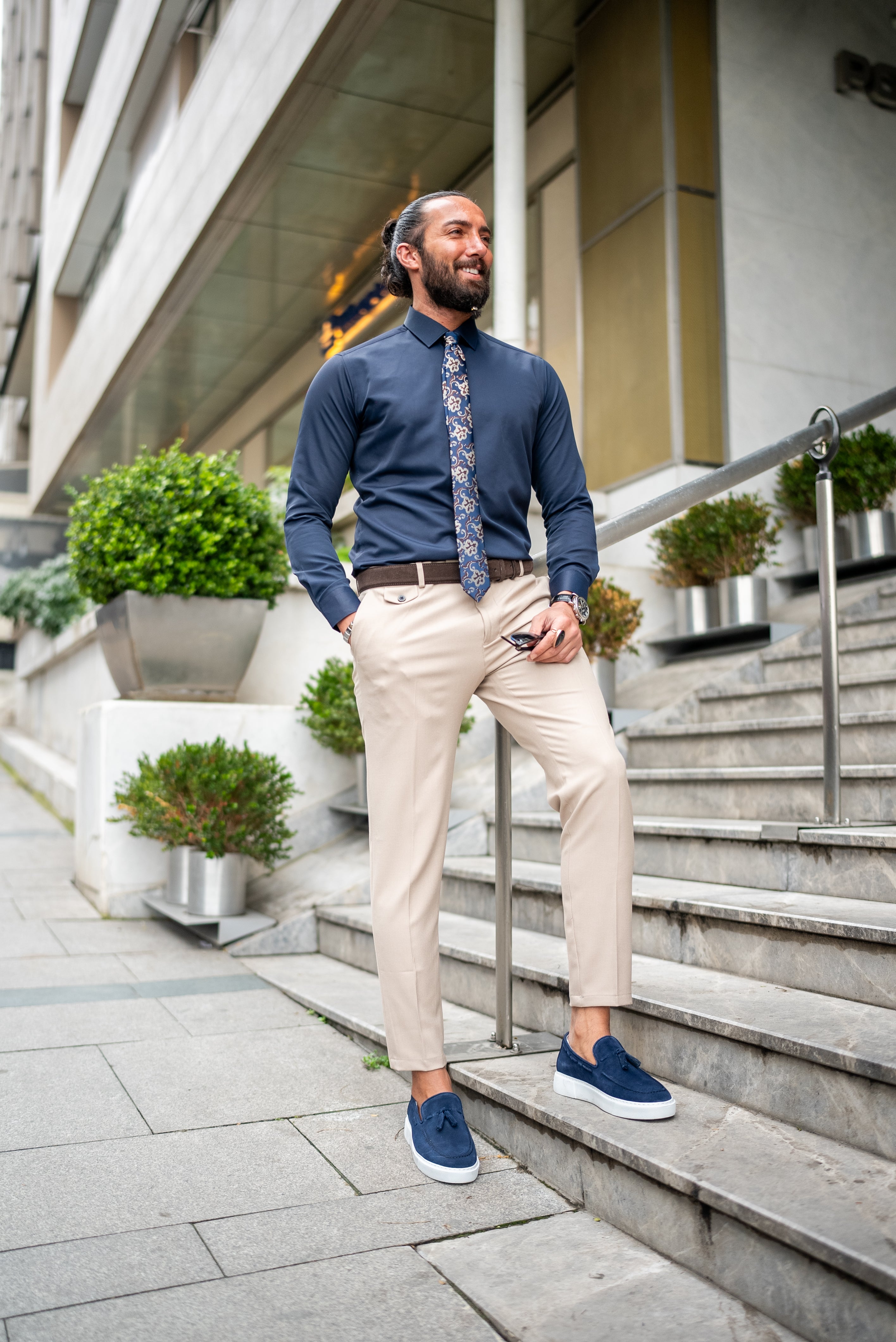 Bojoni Elko Navy Blue  Slim Fit Pin Collar Formal Shirt