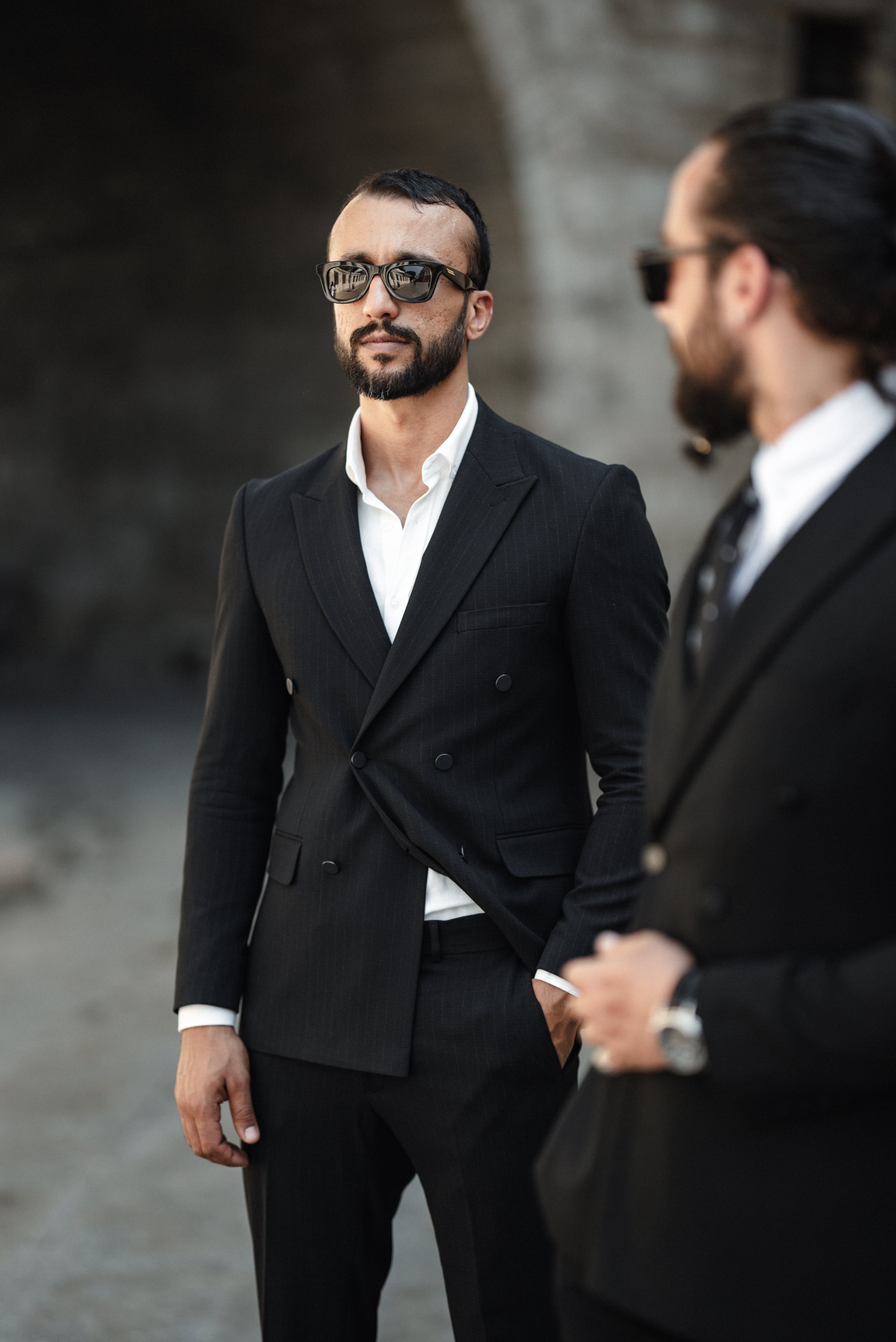 Bojoni Bond Black Slim Fit 2 Piece Pinstripe Double Breasted Suit