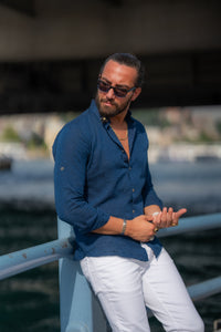 Bojoni Marelli Blue Slim Fit Linen Shirt