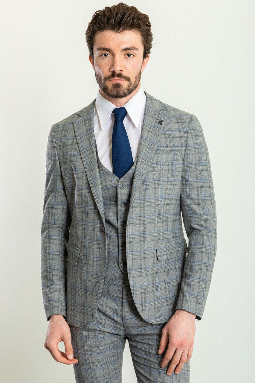 Bojoni Trivento Gray & Blue Plaid Patterned Classic Slim Fit Suit