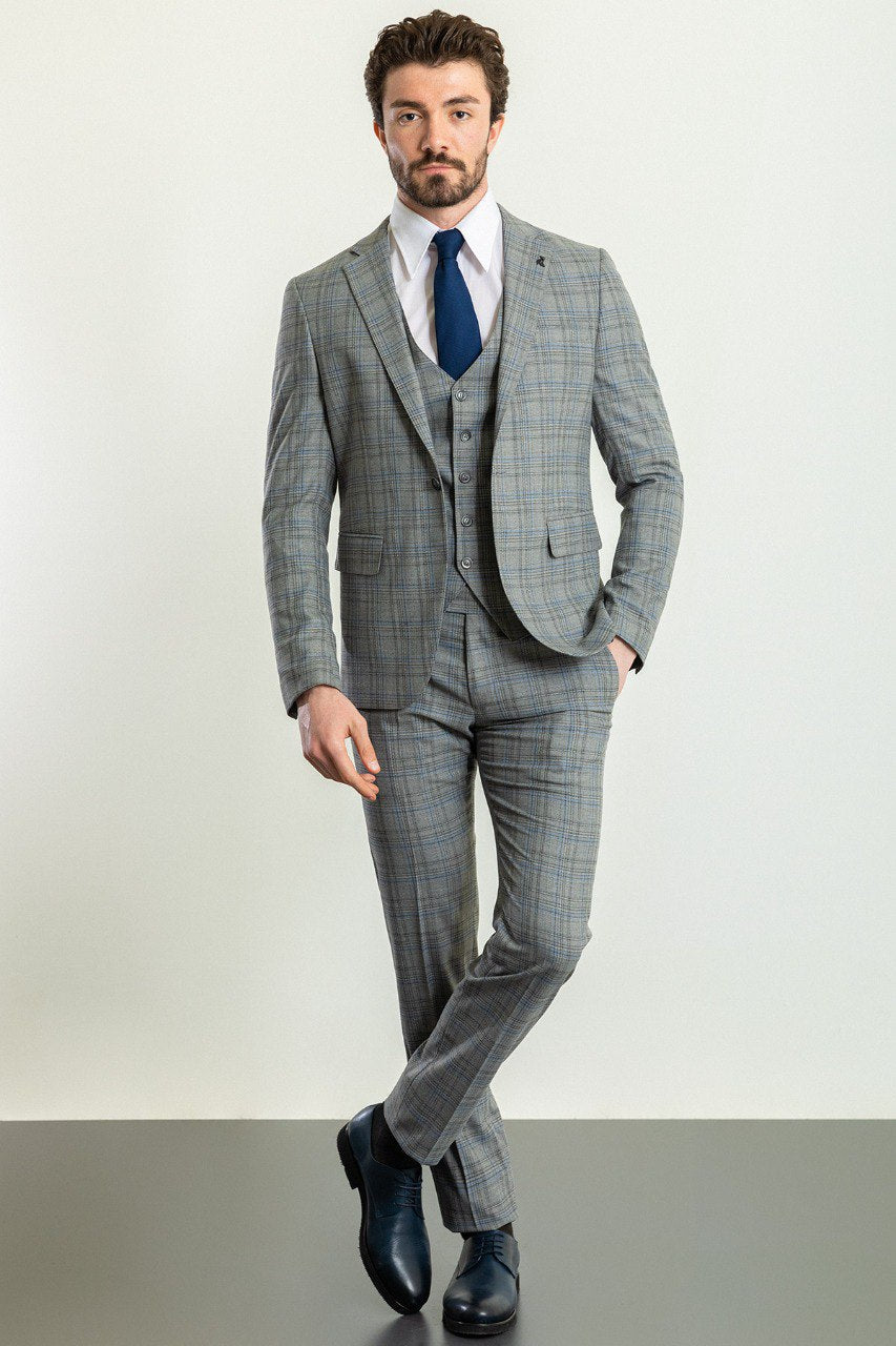 Bojoni Trivento Gray & Blue Plaid Patterned Classic Slim Fit Suit