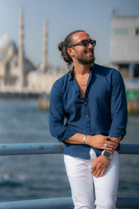 Bojoni Marelli Blue Slim Fit Linen Shirt