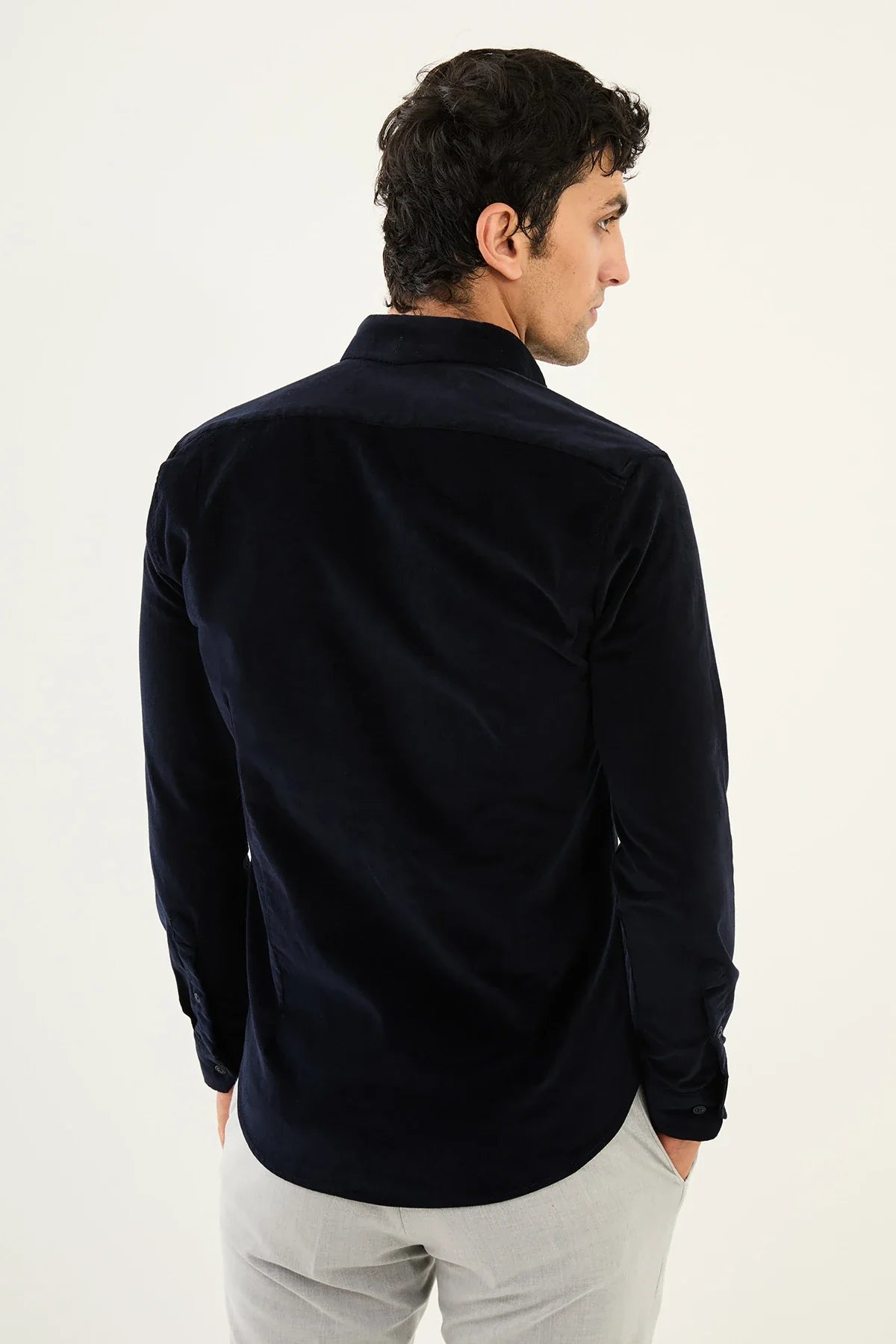 Bojoni Capena Hidden Button Slim Fit Navy Blue Velvet Shirt