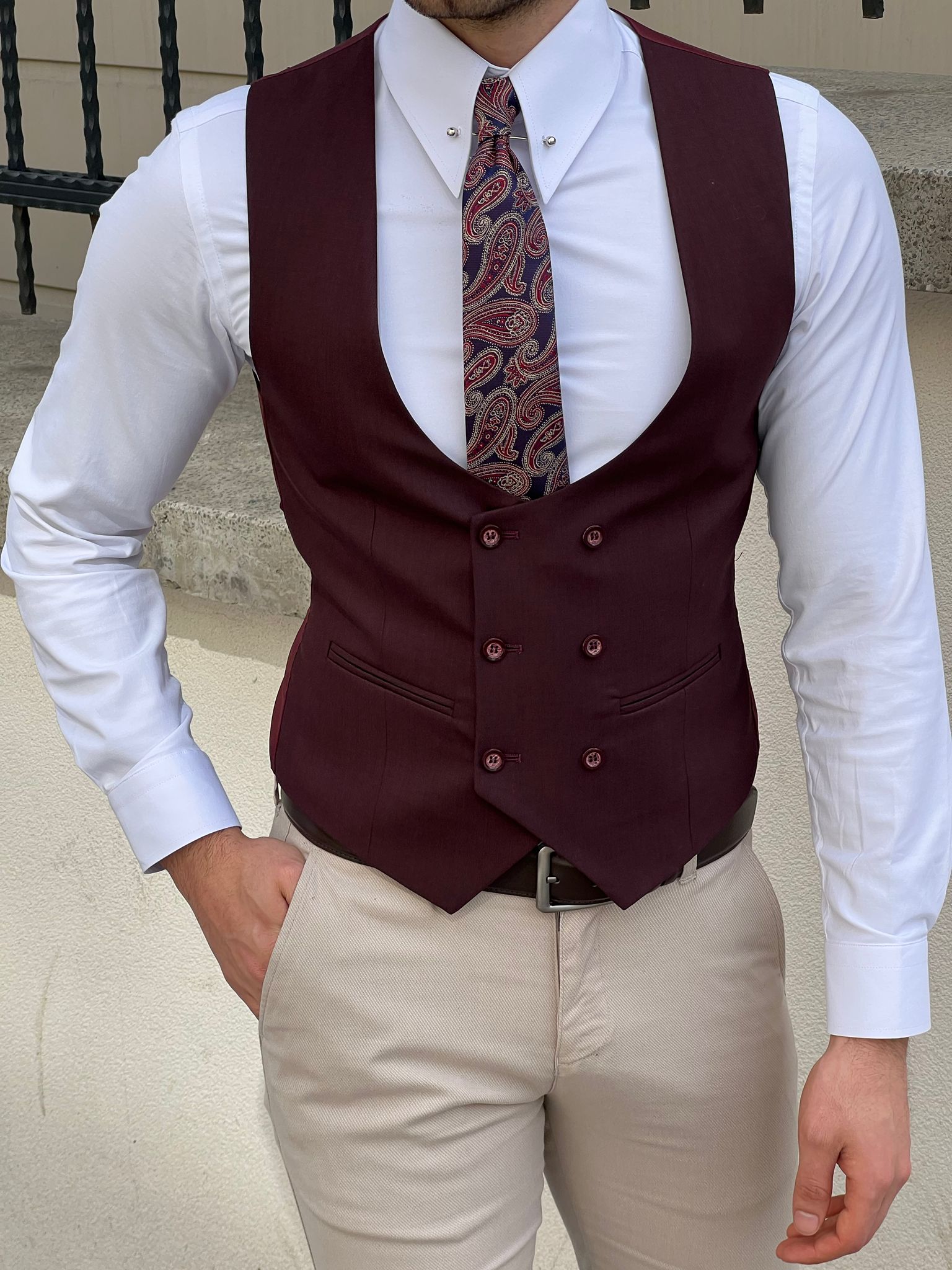 Bojoni Montebello Slim Fit Double Breasted Claret Red Vest