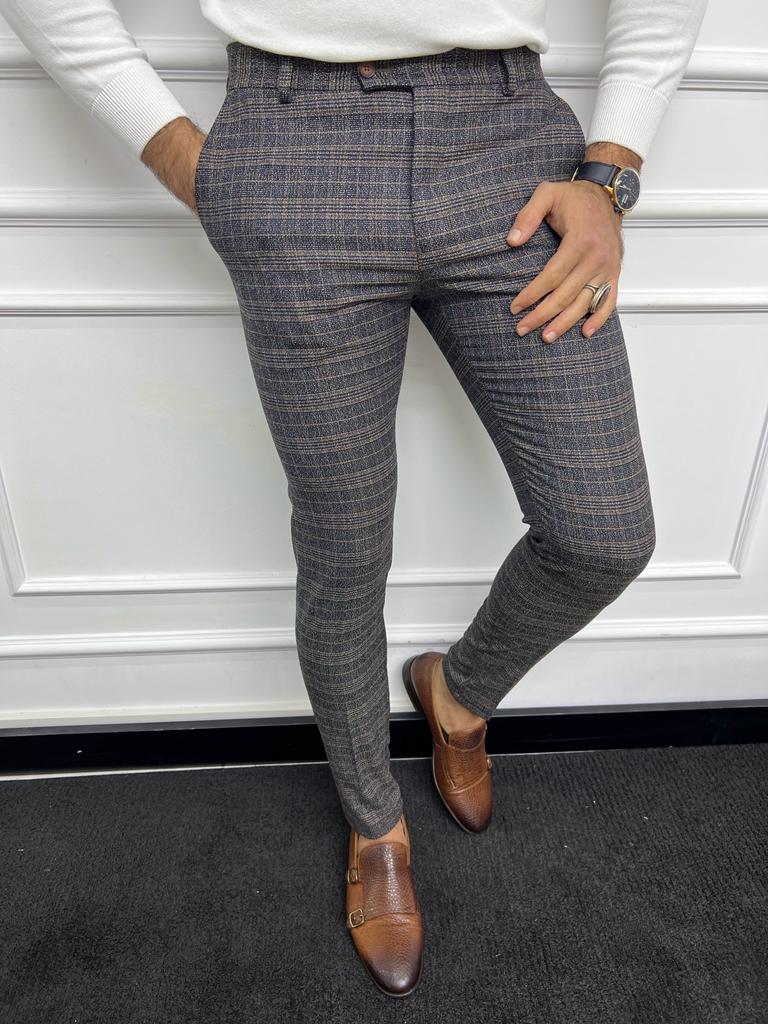 Leon Slim Fit Plaid Striped Blue Pants | VICLAN Leon Slim Fit Plaid Striped Blue Pants | VICLAN