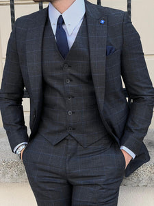 Bojoni Montebello Slim Fit High Quality Plaid Woolen Black Suit
