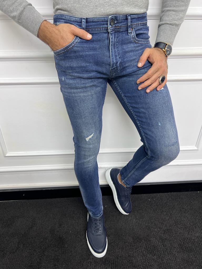 Leon Slim Fit Ripped Blue Jeans