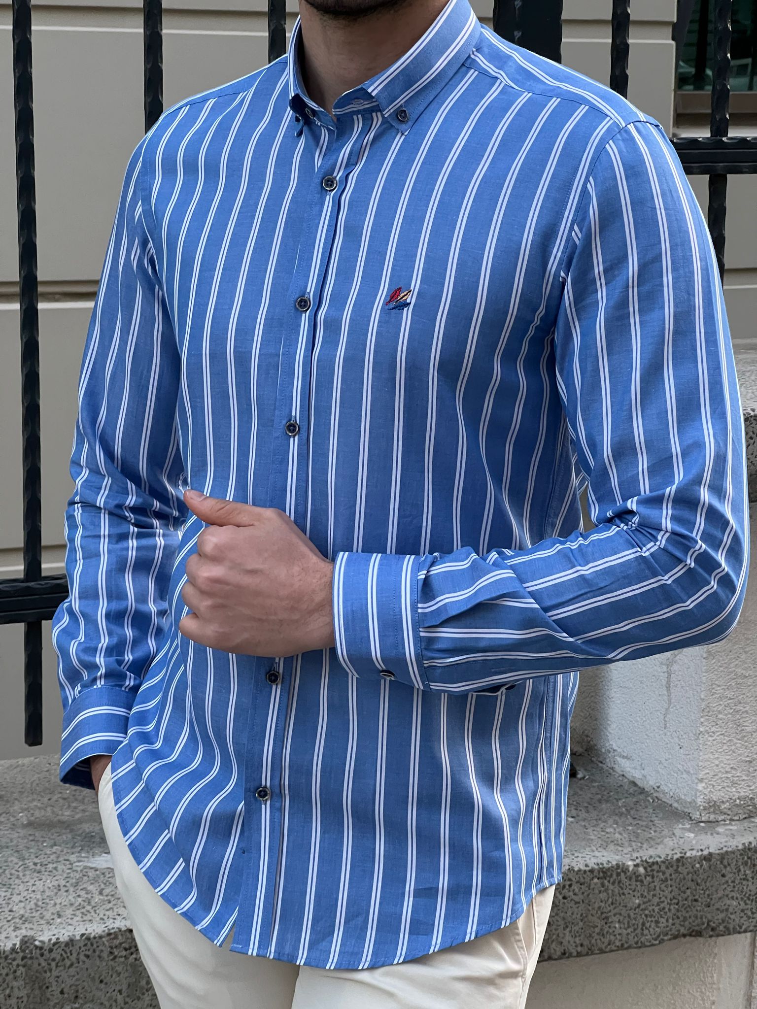 Bojoni Montebello Slim Fit High Quality Striped Blue Shirt