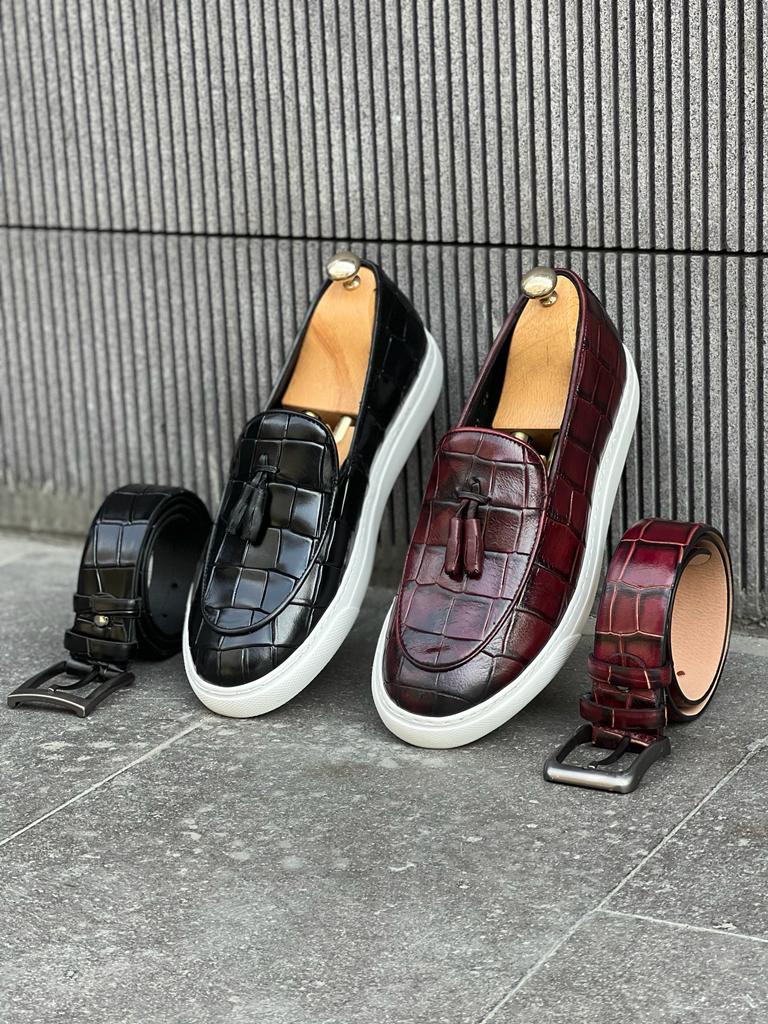 Benson Buckled Croc Detailed Burgundy Shoes