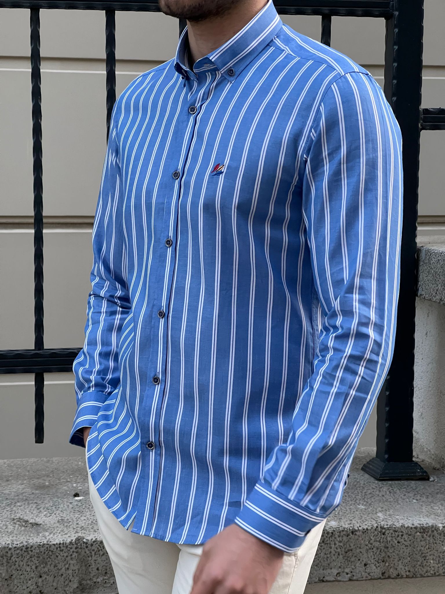 Bojoni Montebello Slim Fit High Quality Striped Blue Shirt