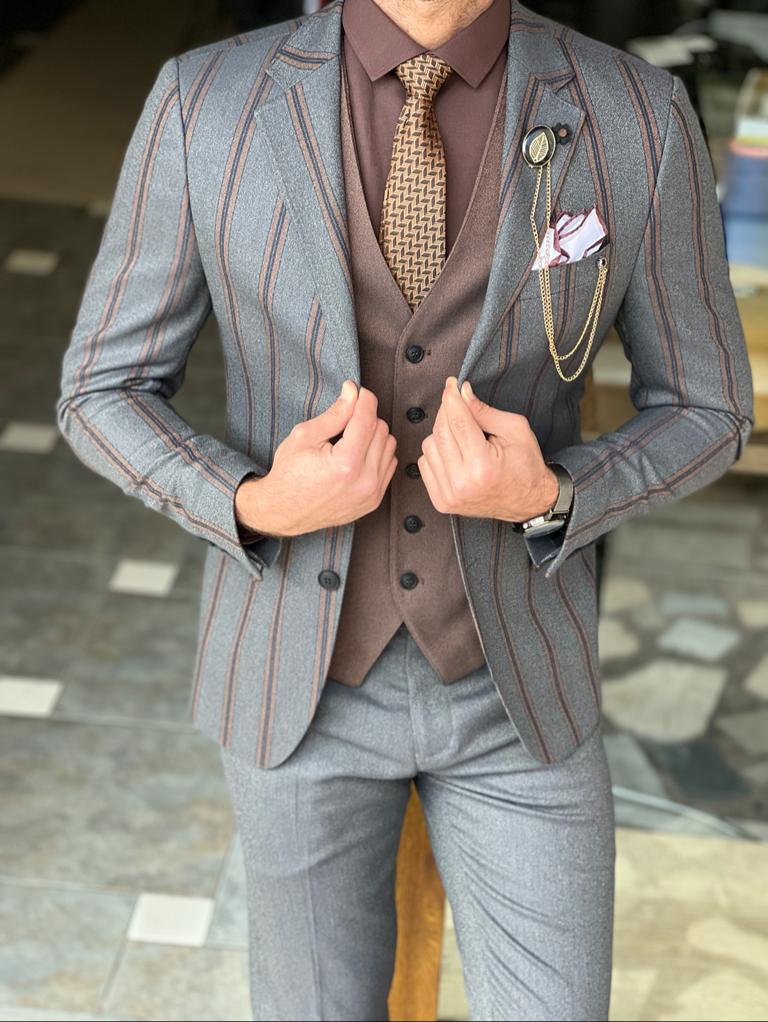 Bojoni Morton Gray Slim Fit Notch Lapel Striped Suit 