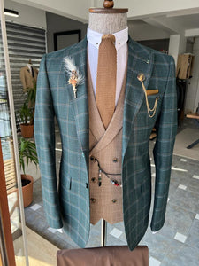 Bojoni Dayton Green Slim Fit Peak Lapel Plaid Suit 